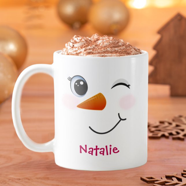 Winking Snowman Personalised Mug for Kids (Cute Silly Snowman Face)