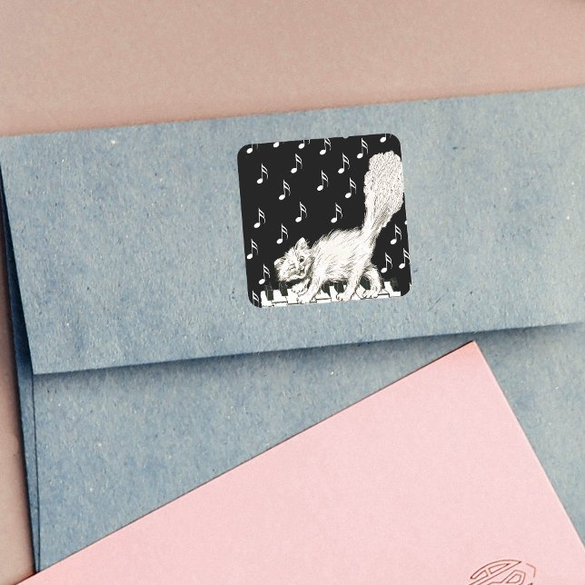 Winking White Cat Fluffy Tail on Piano Keys Square Sticker (Winking cute white cat walking on piano keys white music notes on black square sticker.)