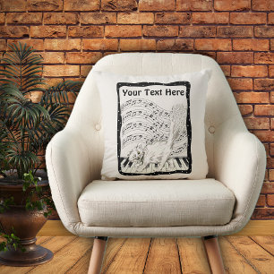Winking White Cat on Piano Music Note Bars Frame Cushion