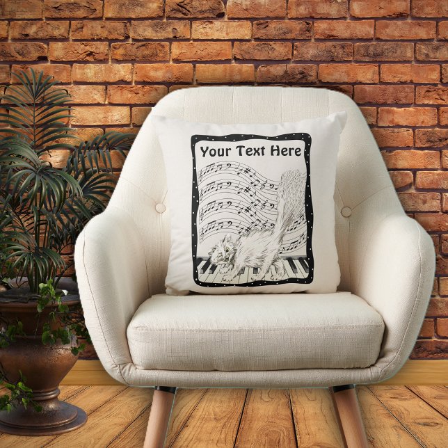 Winking White Cat on Piano Music Note Bars Frame Cushion (White Winking cat on piano bars of music notes in black and white frame on decorative pillow.)