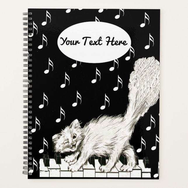 Winking White Cat Walking on Piano Keys Music Note Planner (Front)