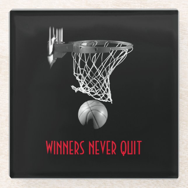 Winners Never Quit Basketball Glass Coaster (Front)