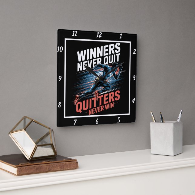 Winners Never Quit Runner Motivation Square Wall Clock (Office)