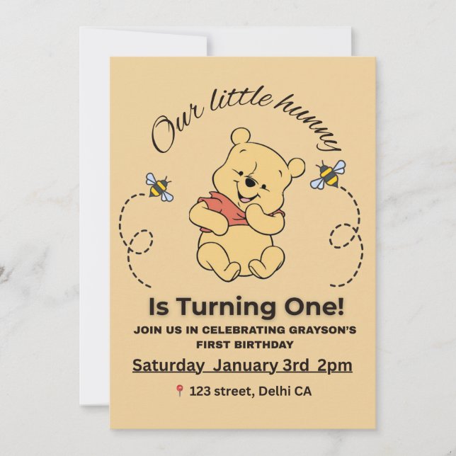 Winnow the Pooh 1st birthday invitation  (Front)
