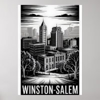 Winston-Salem NC Skyline Black White Woodcut
