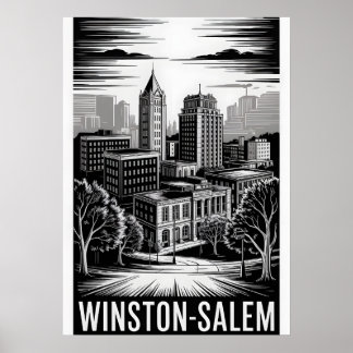 Winston-Salem NC Skyline Black White Woodcut Poster