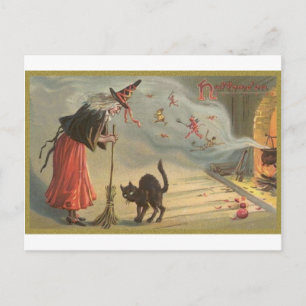 Wintage Halloween Witch, Cat Holiday Postcard