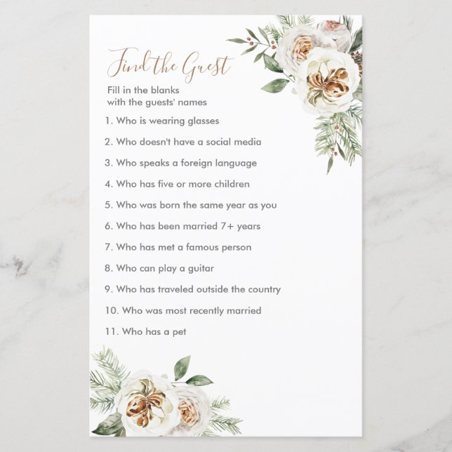 Winte White floral Find the Guest Christmas game (Front)