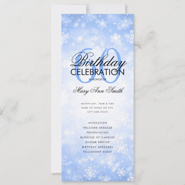 Winter 60th Birthday Program Navy Wonderland Menu (Front)