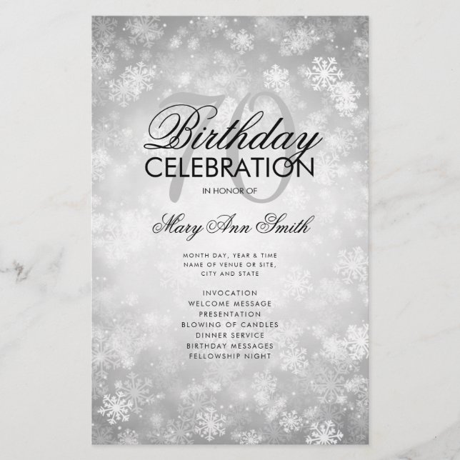 Winter 70 Birthday Program Silver Wonderland Menu (Front)
