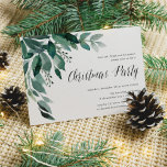 Winter Abundance | Christmas Party Invitation<br><div class="desc">Elegant and festive Christmas party invitations feature watercolor eucalyptus leaves and green foliage cascading from the upper left corner. Customise with your holiday party details aligned at the right,  embellished with "Christmas Party" in chic calligraphy script. Invitations reverse to solid forest green.</div>