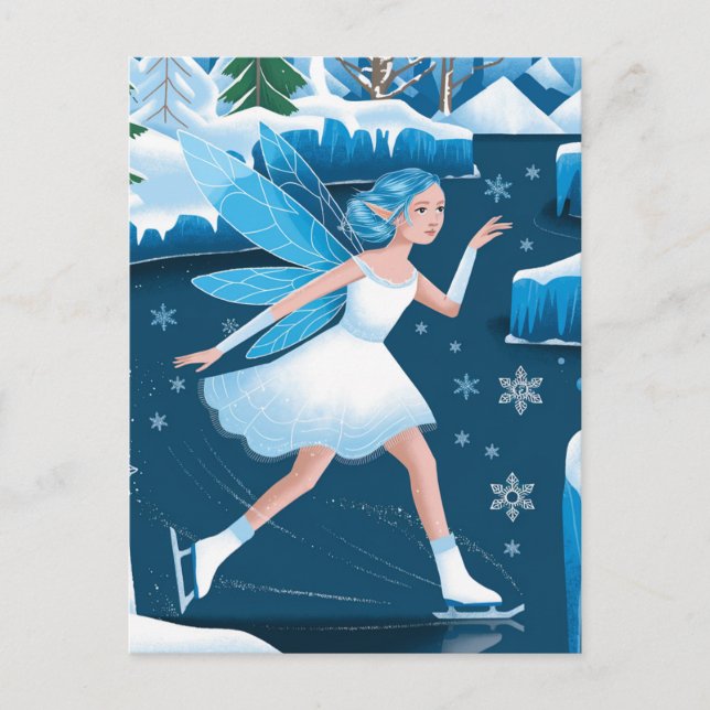 Winter Adorable Ice Skating Fairy Blue White Postcard (Front)