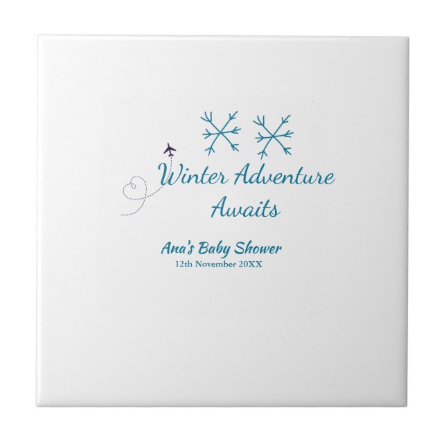 Winter Adventure awaits baby shower blue snowflake Ceramic Tile (Front)