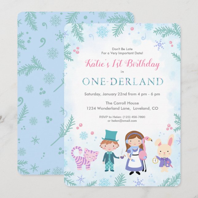 Winter Alice in One-derland Girls First Birthday Invitation (Front/Back)