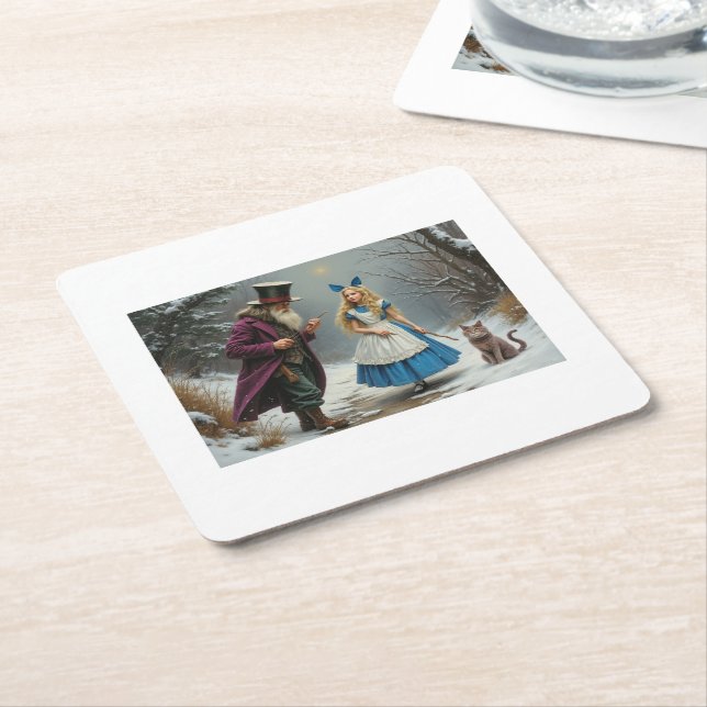 Winter Alice white paper square drink coasters (Angled)