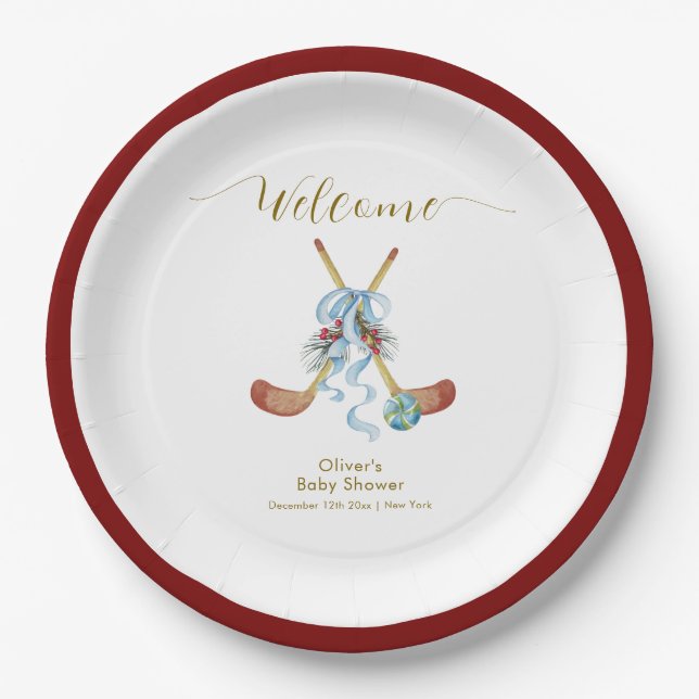 Winter All Star Hockey Baby Shower Welcome  Paper Plate (Front)