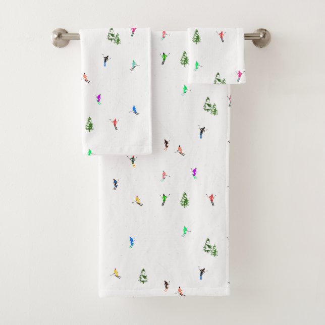 Winter Alpine Skiers Skiing Ski Skis Pattern Bath Towel Set (Insitu)