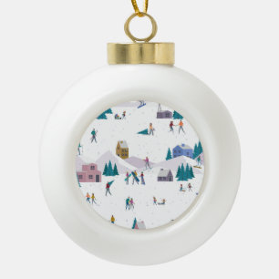 Winter Alps holidays: active people seamless Ceramic Ball Christmas Ornament