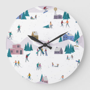 Winter Alps holidays: active people seamless Large Clock