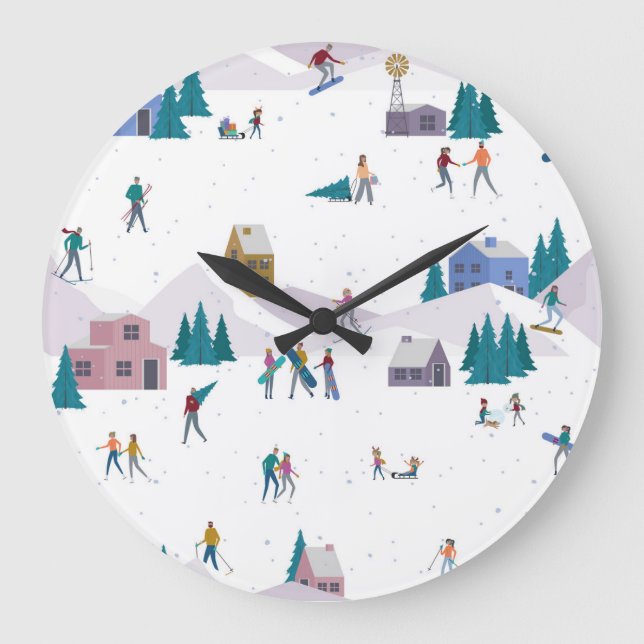 Winter Alps holidays: active people seamless Large Clock (Front)