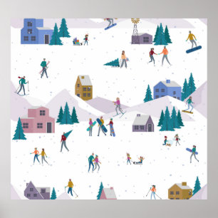 Winter Alps holidays: active people seamless Poster