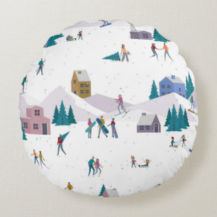 Winter Alps holidays: active people seamless Round Cushion
