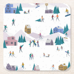 Winter Alps holidays: active people seamless Square Paper Coaster