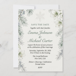Winter Amaryllis, Pine, Berries, Snowflake, and Wa Invitation
