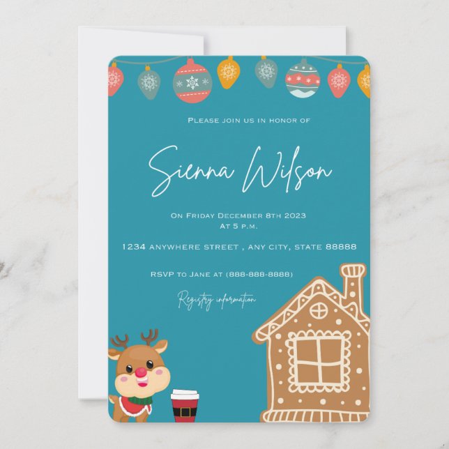 Winter and Reindeer themed baby shower invitation (Front)