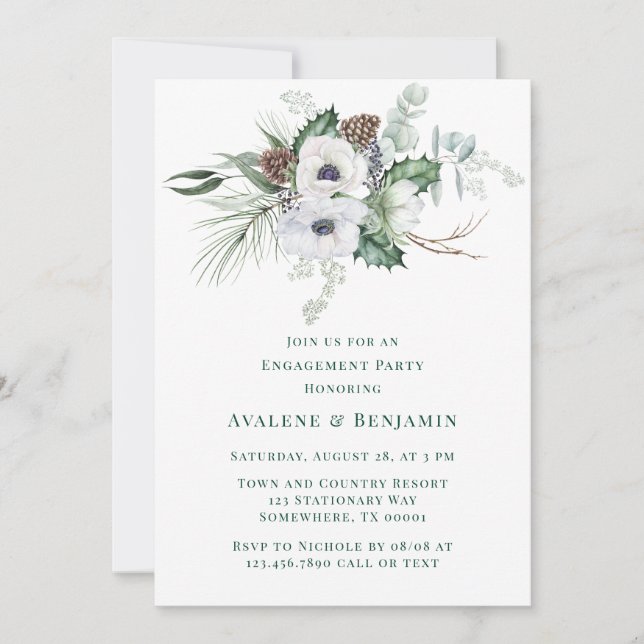 Winter Anemone Hand-Painted Engagement Party Invitation (Front)