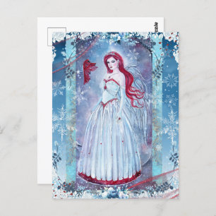 Winter angel with cardinal fantasy art print postcard
