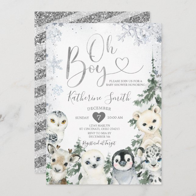 Winter Animal Baby Shower Forest Snowflakes Invita Invitation (Front/Back)