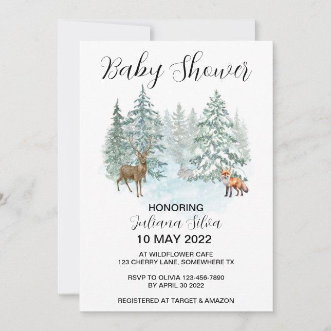 Winter Animal Forest Wonderland Baby Shower Invitation (Front)
