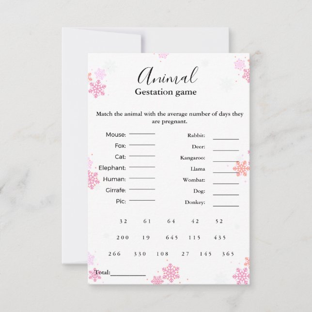 Winter Animal gestation game baby shower game Card (Front)