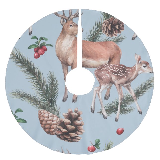 Winter animal sketch, blue background. brushed polyester tree skirt (Front)