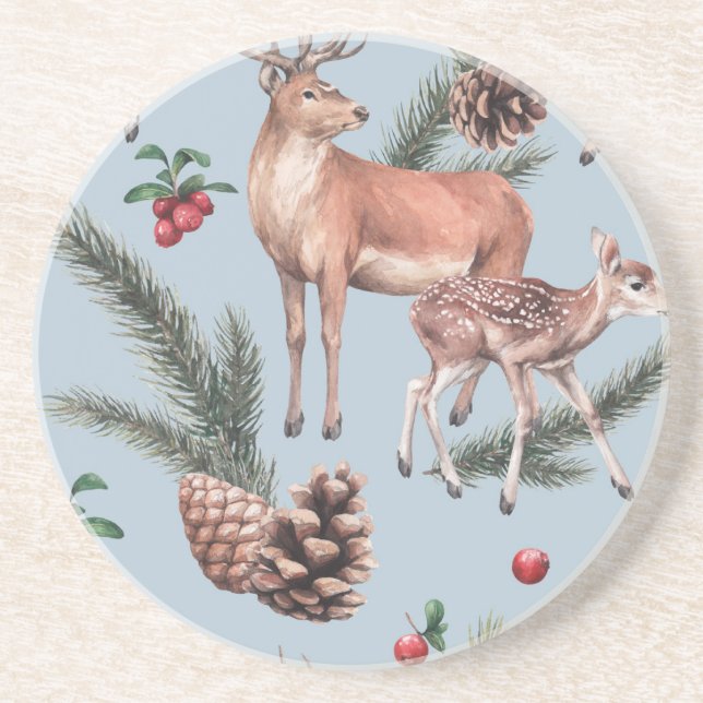 Winter animal sketch, blue background. coaster (Front)