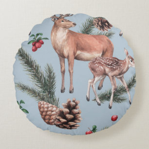 Winter animal sketch, blue background. round cushion