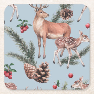 Winter animal sketch, blue background. square paper coaster