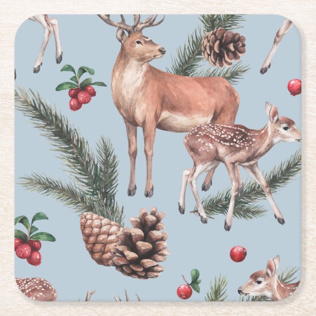 Winter animal sketch, blue background. square paper coaster (Front)