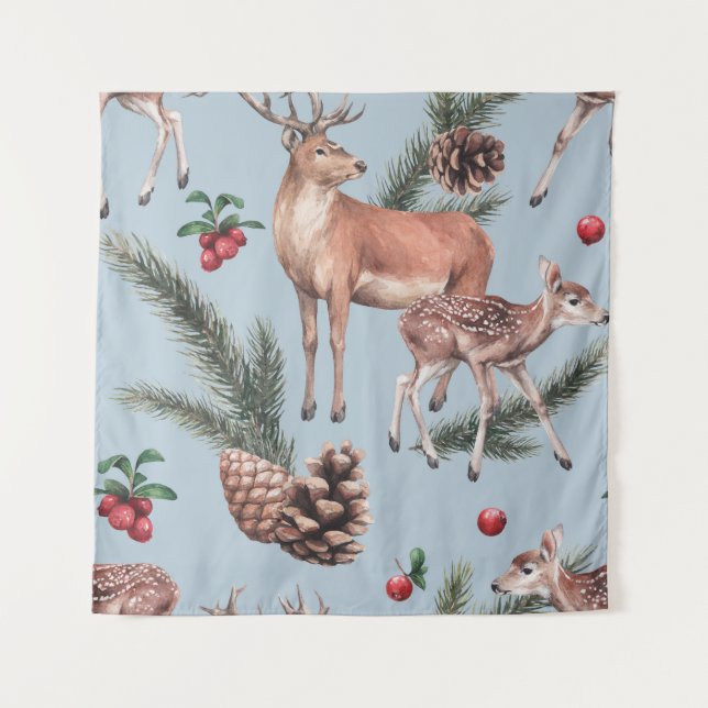 Winter animal sketch, blue background. tapestry (Front)