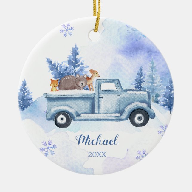 Winter Animal Truck Blue Snowflakes Mountain Ceramic Ornament (Front)