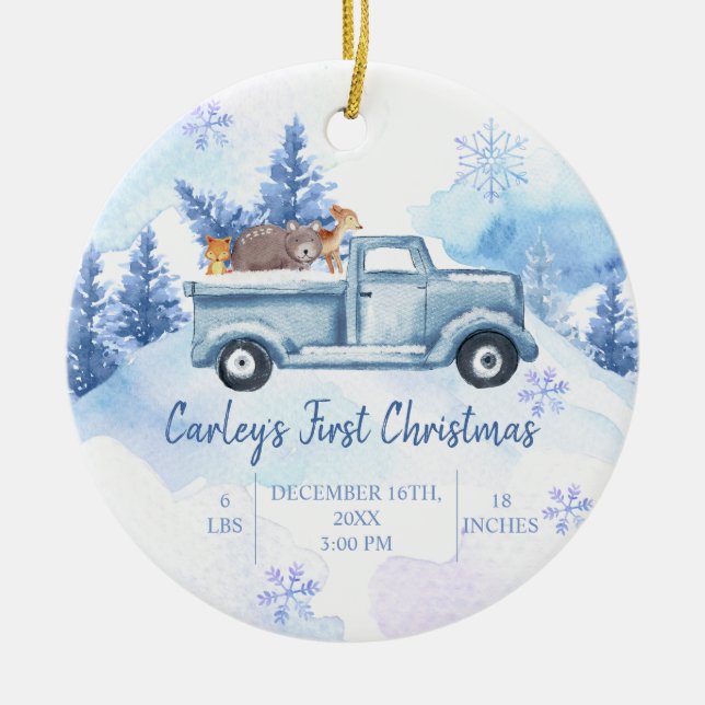 Winter Animal Truck Forest First Christmas Ceramic Ornament (Front)