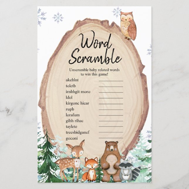 Winter Animal Woodland Forest Word Scramble (Front)