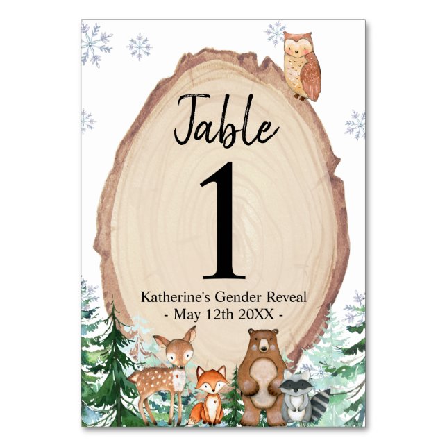Winter Animal Woodland Gender Reveal Forest Table  Table Number (Front)
