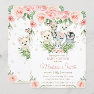 Winter Animals Arctic Blush Floral Baby Shower Invitation