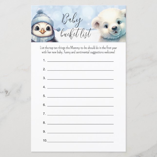 Winter Animals Baby Bucket List Shower Game (Front)