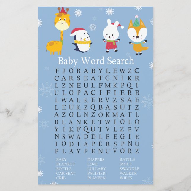 Winter animals Baby Shower Word Search Game (Front)