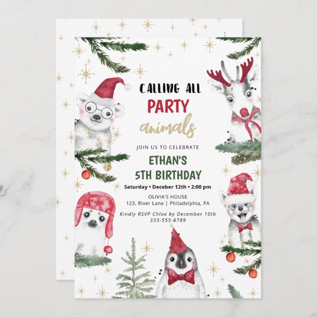Winter Animals Birthday Christmas Funny Invitation (Front/Back)