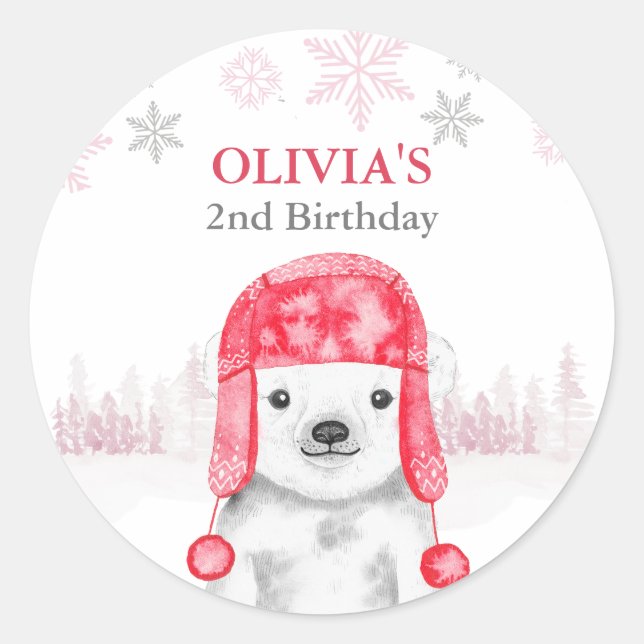 Winter Animals Birthday Girl Bear Classic Round Sticker (Front)
