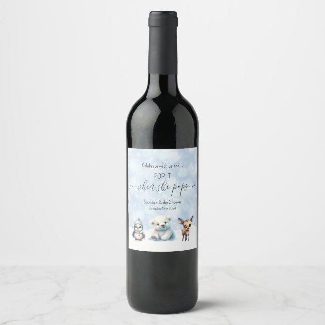 Winter Animals Cold Outside Baby Shower Pop It Wine Label (Front)